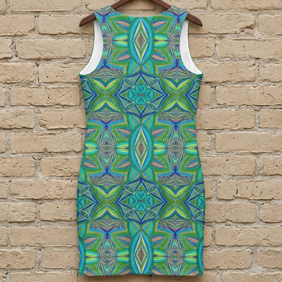 Green and blue patterned dress on a hanger against a brick wall