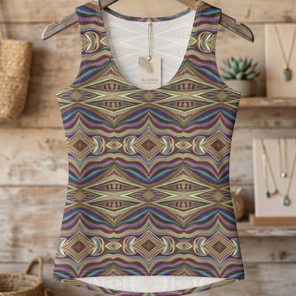 Tank top with geometric pattern hanging on a wooden hanger against a rustic wooden wall.