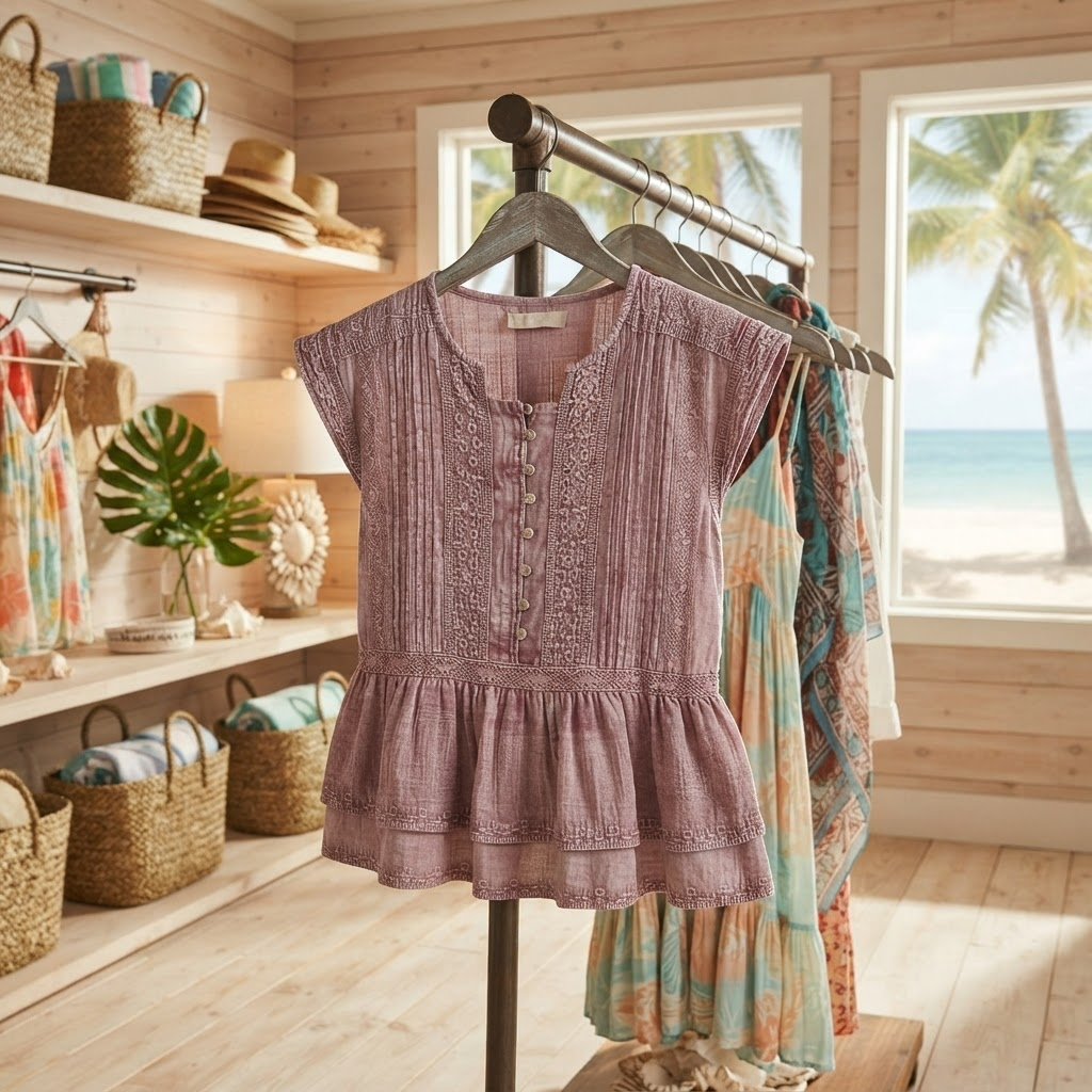 A mauve pink short-sleeve peplum blouse with vertical lace applique on the bodice, hanging on a clothing rack inside a rustic wood boutique. A beach scene with palm trees is visible through the window behind it.