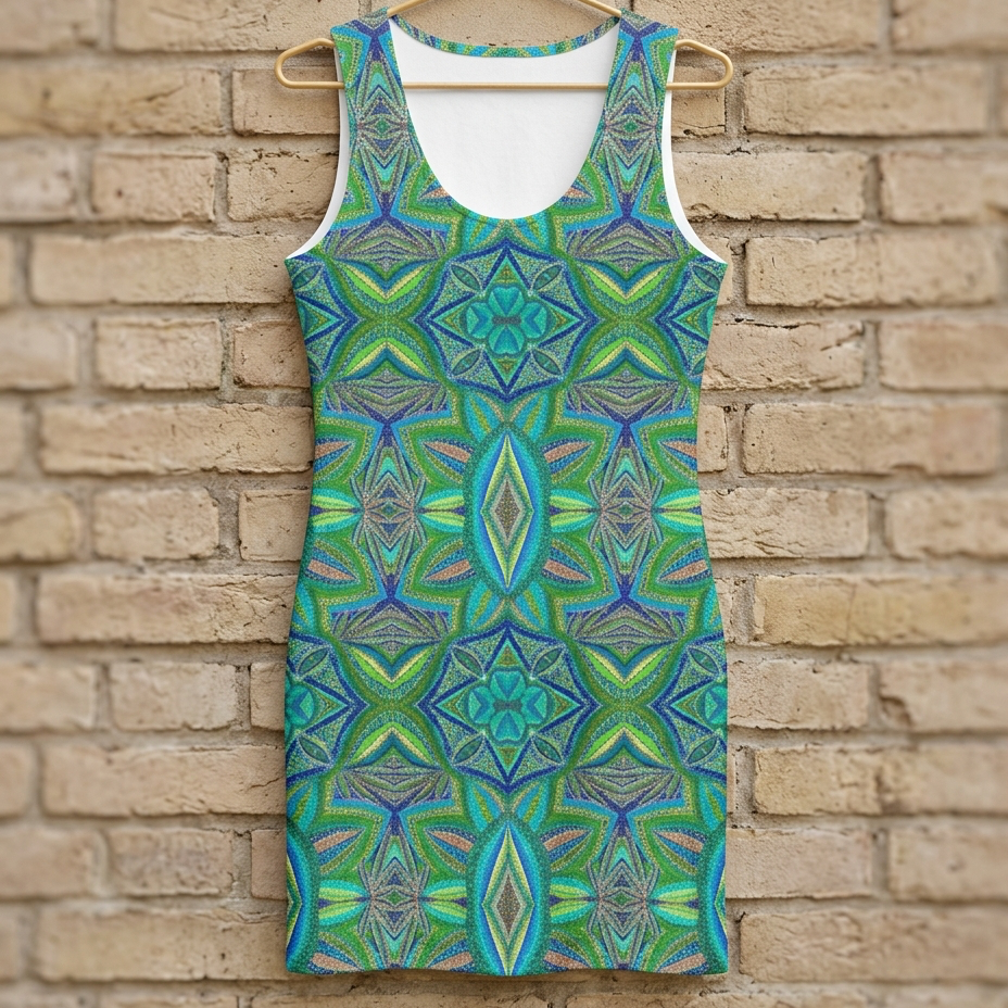 Green and blue patterned dress on a hanger against a brick wall
