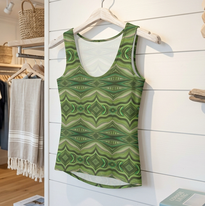 Green tank top with geometric pattern hanging on a rack in a store setting.