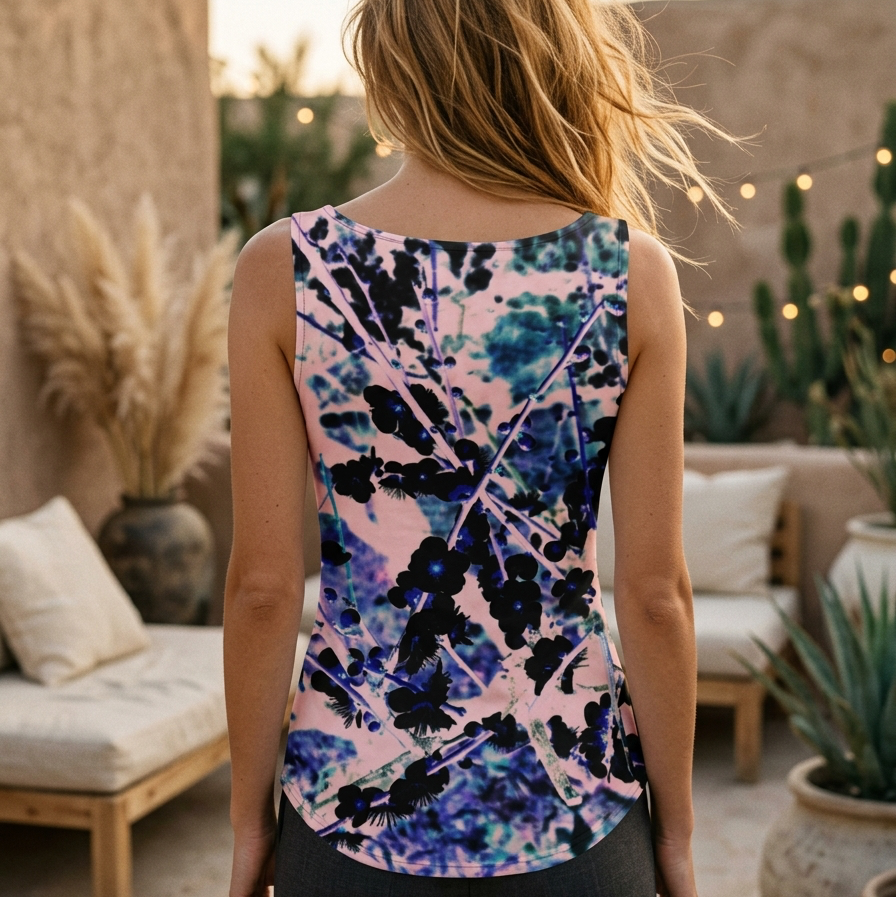 Person wearing a colorful tank top in an outdoor setting with plants and furniture.