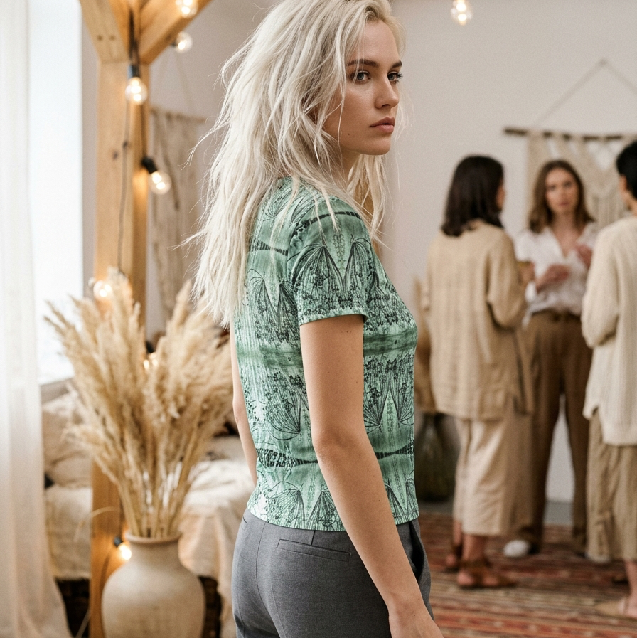 Woman in a green patterned top standing in a room with wooden beams and string lights.