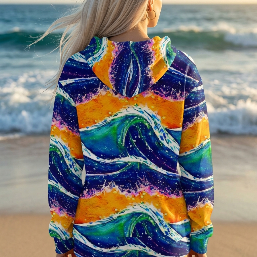 Blue Wave Splash Yellow Sunset Beach Hoodie Cozy Sweatshirt