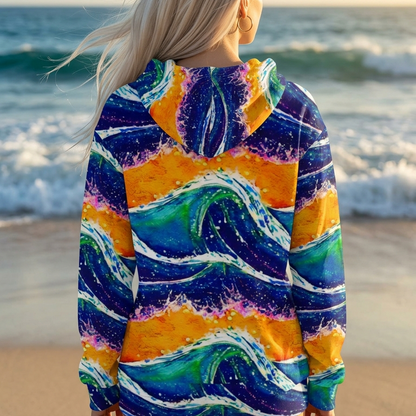 Blue Wave Splash Yellow Sunset Beach Hoodie Cozy Sweatshirt