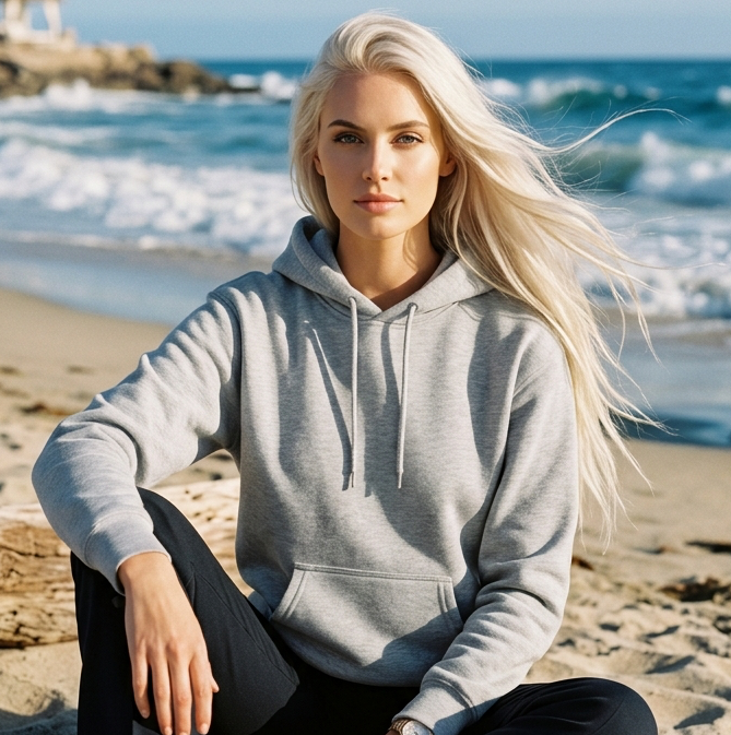 Woman sitting on a beach wearing a gray hoodie and black pants.