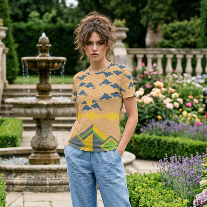Woman standing in a garden with a fountain and colorful flowers