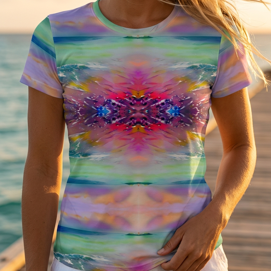 Person wearing a colorful tie-dye t-shirt by the water