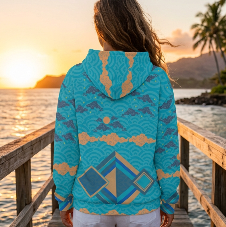 Person wearing a blue and gold patterned hoodie standing on a wooden dock by the water at sunset.