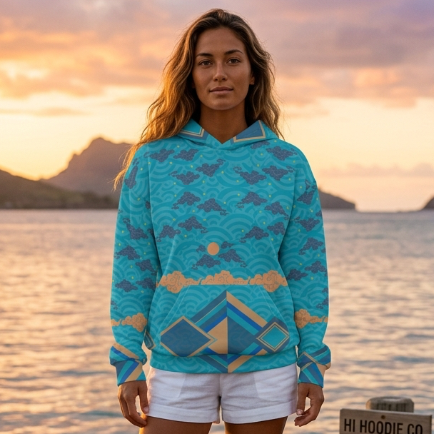 Woman wearing a blue patterned hoodie standing on a dock with a sunset and mountains in the background.