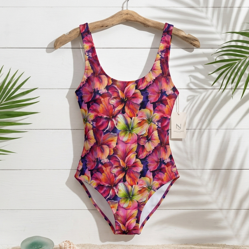 Colorful floral swimsuit on a hanger with palm leaves and a shell on a white wooden background