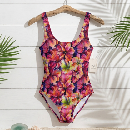 Colorful floral swimsuit on a hanger with palm leaves and a shell on a white wooden background