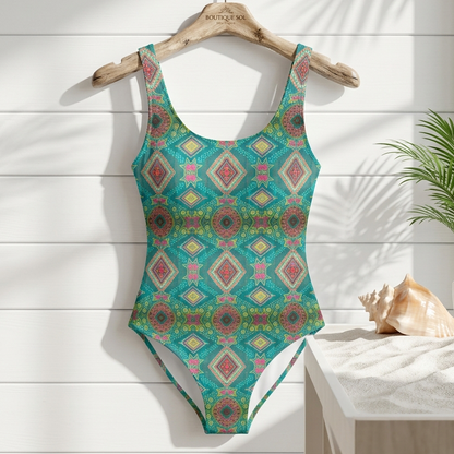 Painted Lagoon Turquoise Folk Geometric One-Piece Swimsuit | Gena Sage