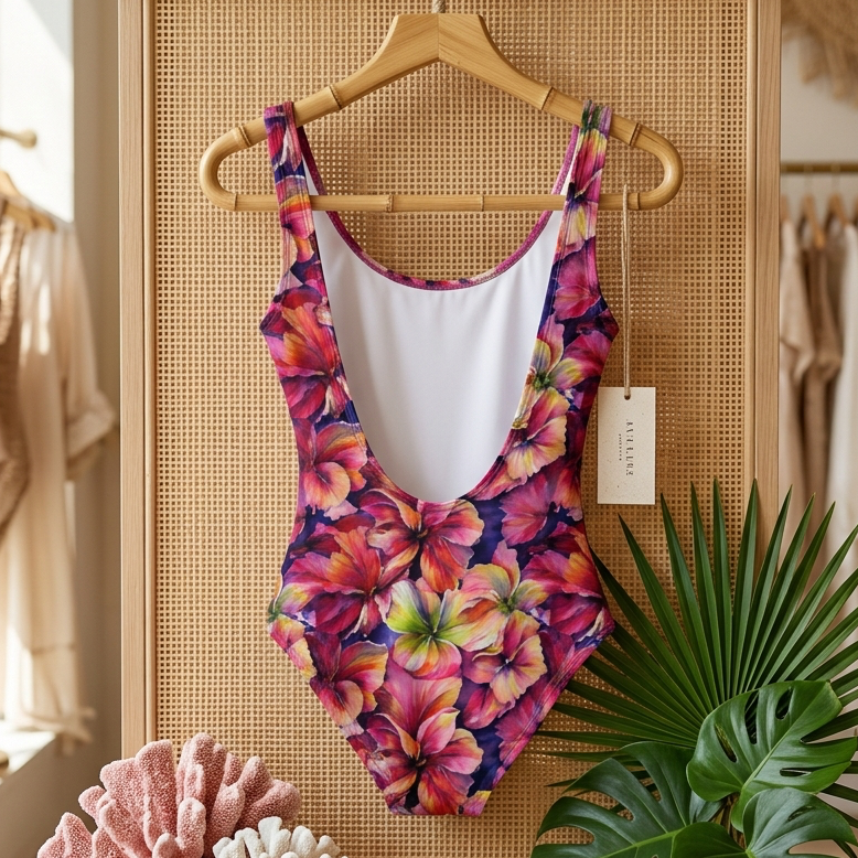 Colorful floral swimsuit on a hanger with decorative elements in a store setting.