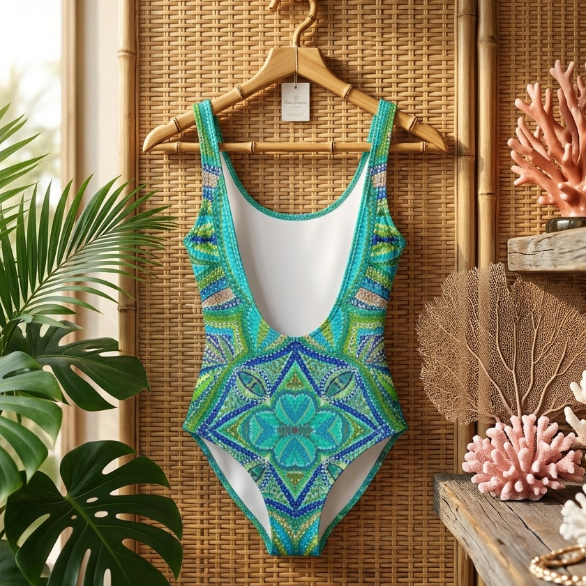 Colorful patterned swimsuit hanging on a hanger against a wicker wall with plants and coral decorations.