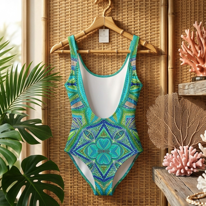Colorful patterned swimsuit hanging on a hanger against a wicker wall with plants and coral decorations.