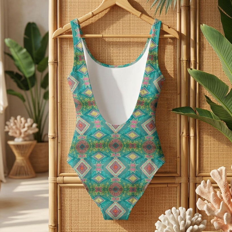 Painted Lagoon Turquoise Folk Geometric One-Piece Swimsuit | Gena Sage