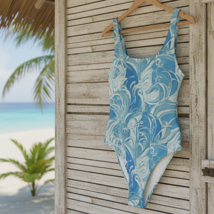 Light Blue Swirl Art Deco One-Piece Swimsuit
