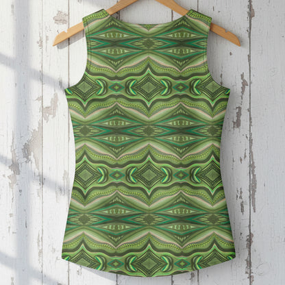 Green patterned tank top on a wooden hanger against a rustic white wooden background