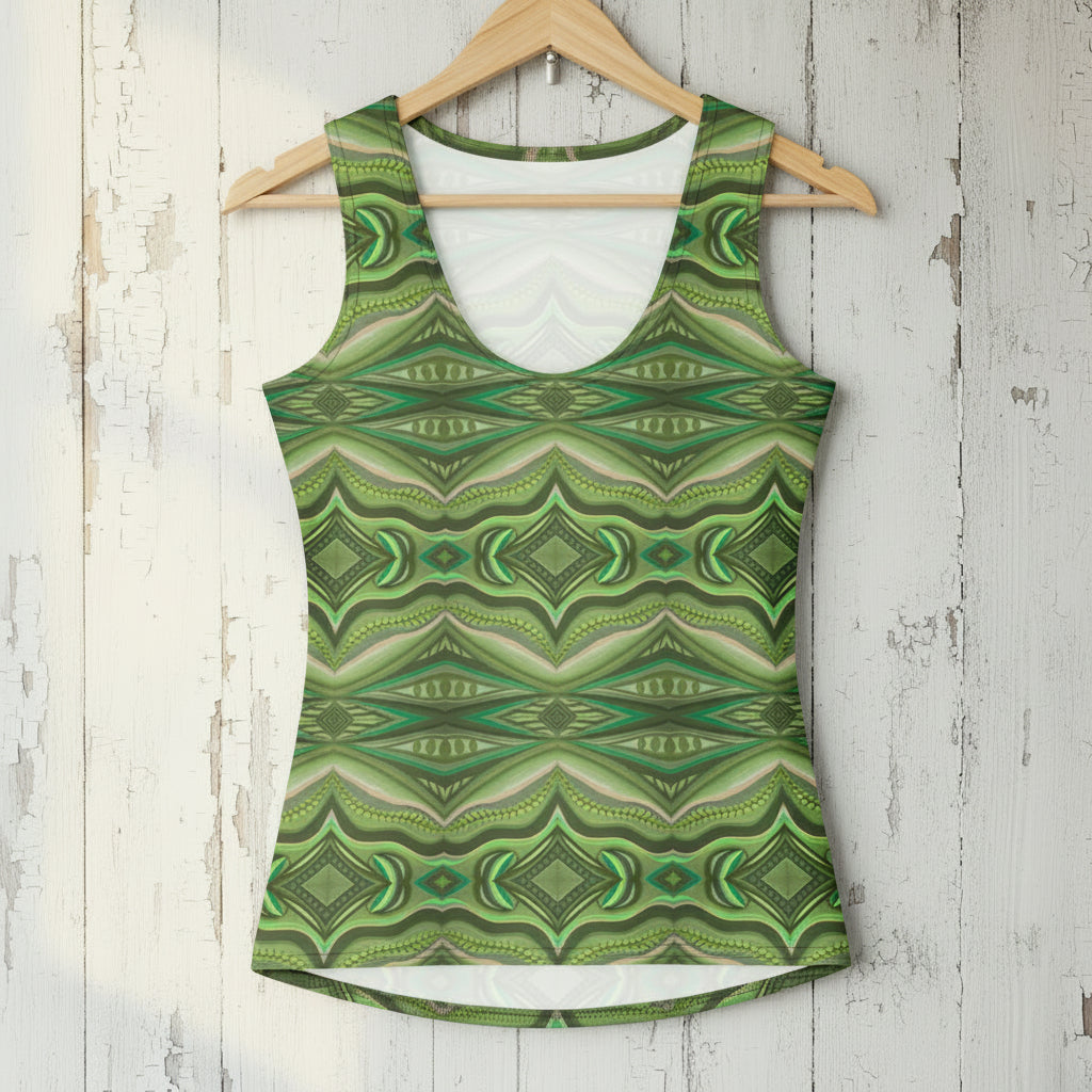 Green patterned tank top on a wooden hanger against a white wooden background