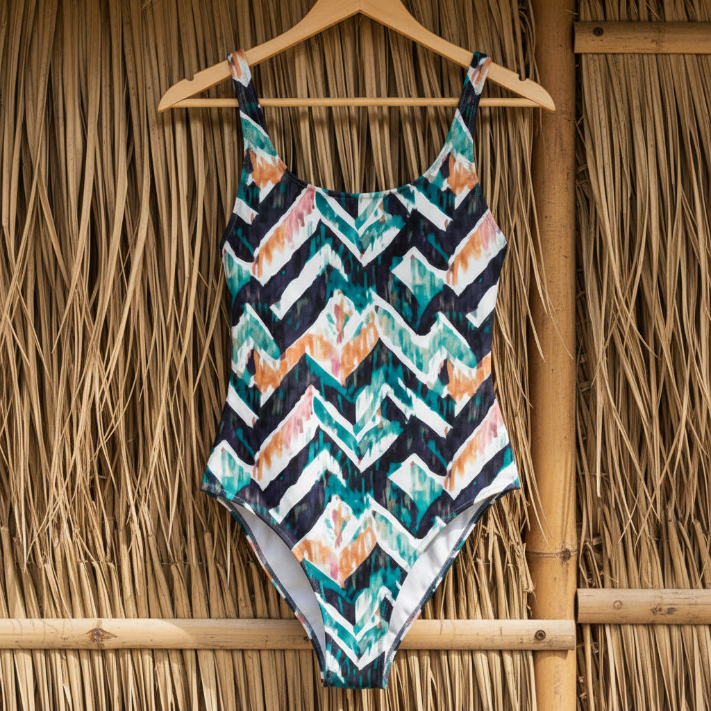 Emerald Canyon Chevron One-Piece Swimsuit by Gena Sage Studios hanging on wood hanger against grass hut featuring emerald, black, and coral chevron pattern