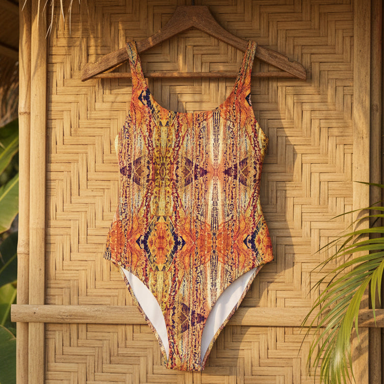 Golden Dried Floral One-Piece Swimsuit by Gena Sage Studios hanging on wooden hanger against woven bamboo wall featuring warm golden and rust botanical pattern