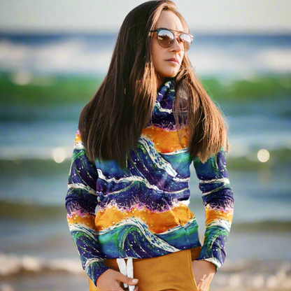 Blue Wave Splash Yellow Sunset Beach Hoodie Cozy Sweatshirt