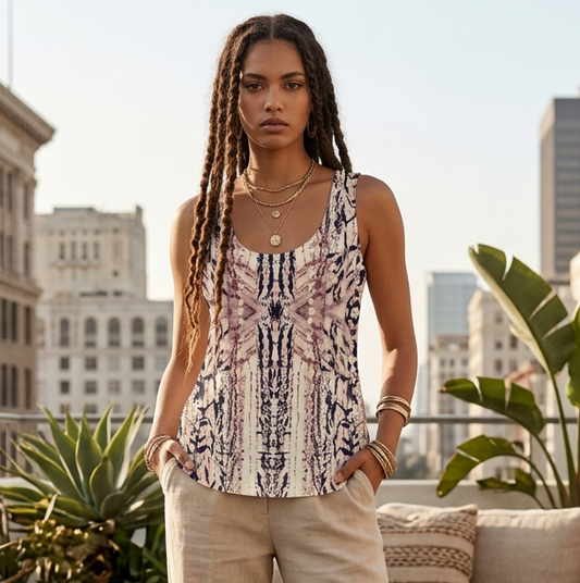 Woman standing on a rooftop with cityscape and plants in the background